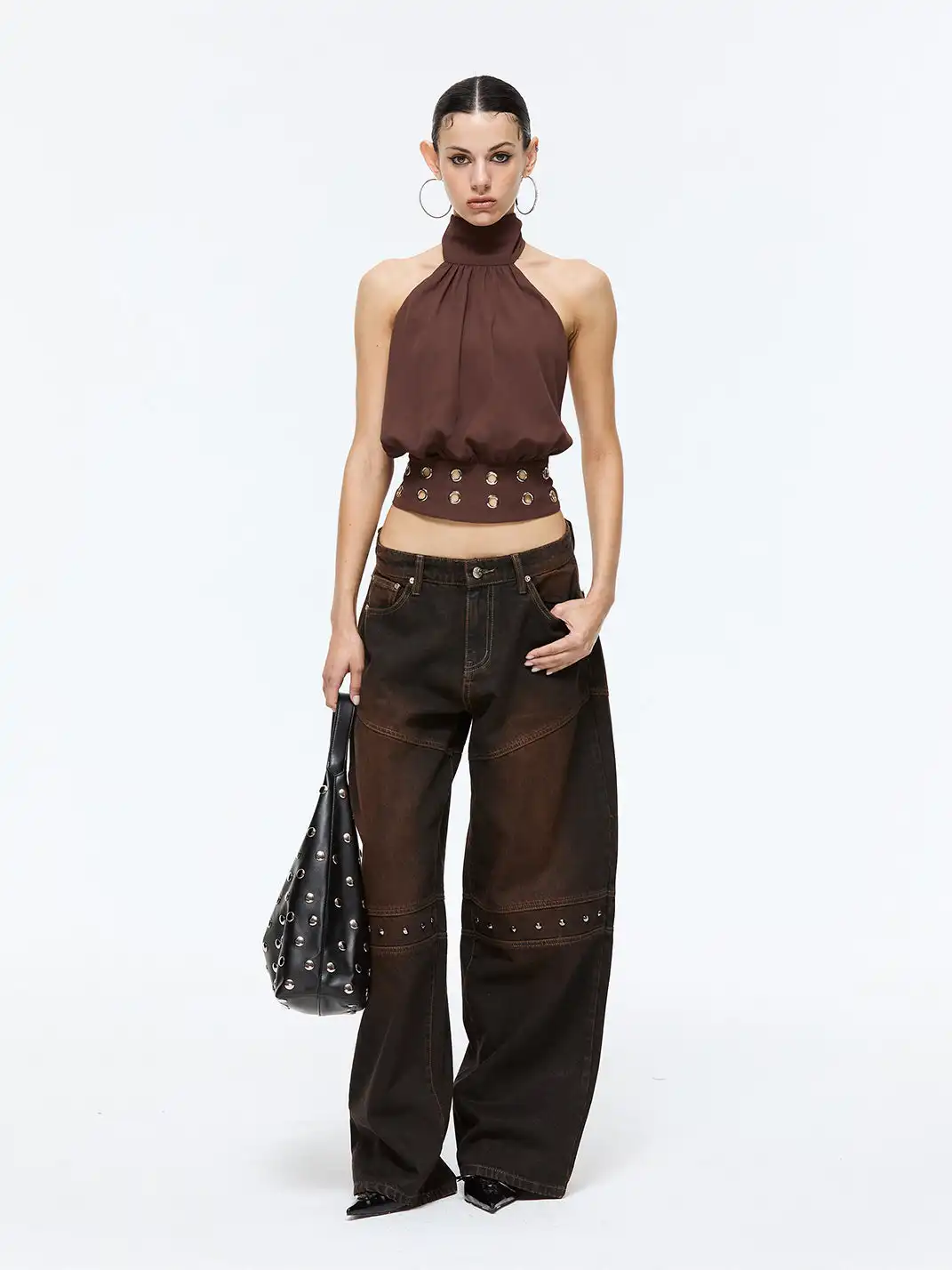 Latelylab | Halter Neck Off-Shoulder Tank Top-Brown