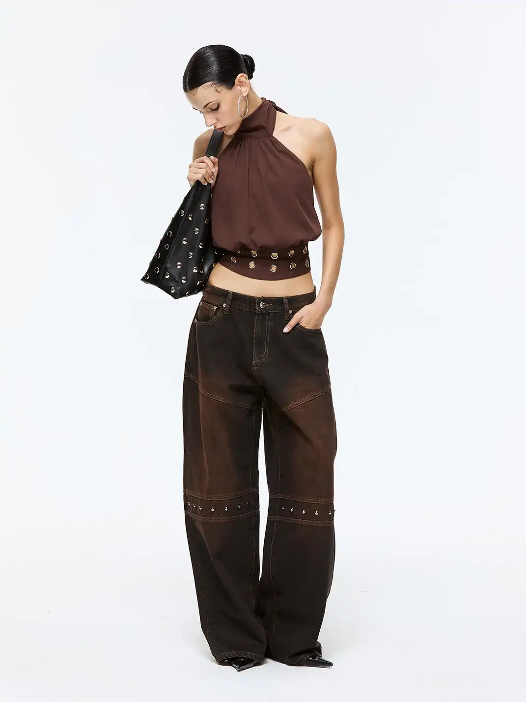 Latelylab | Halter Neck Off-Shoulder Tank Top-Brown