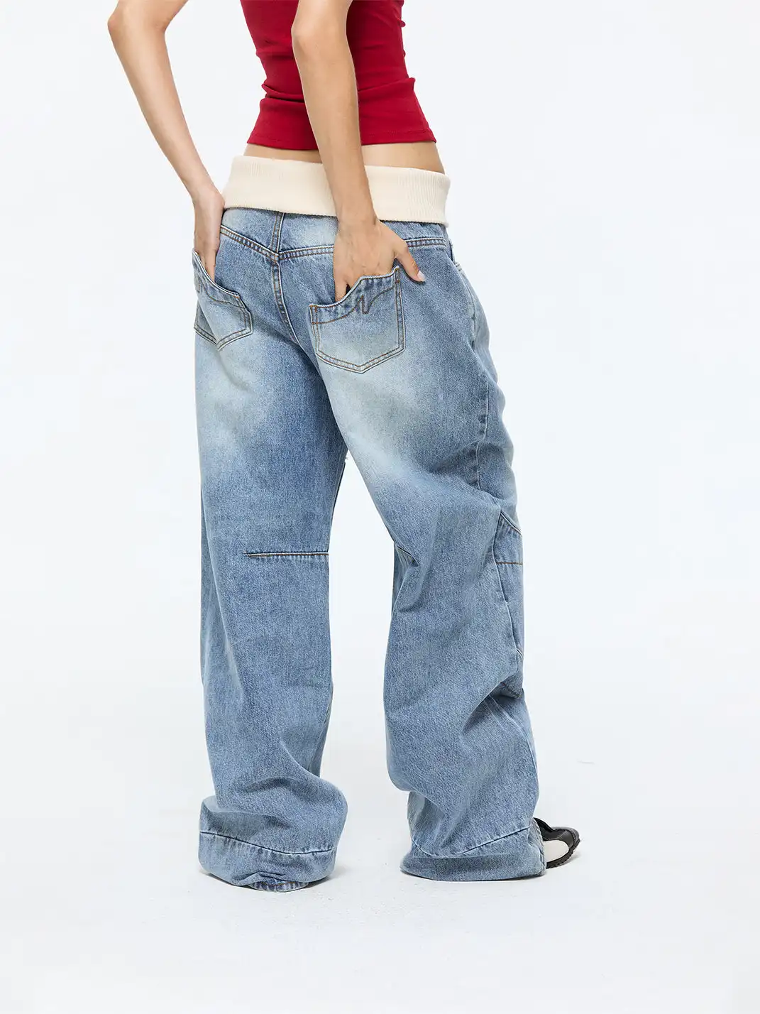 Latelylab | Ribbed Waistband Flip-Up Jeans