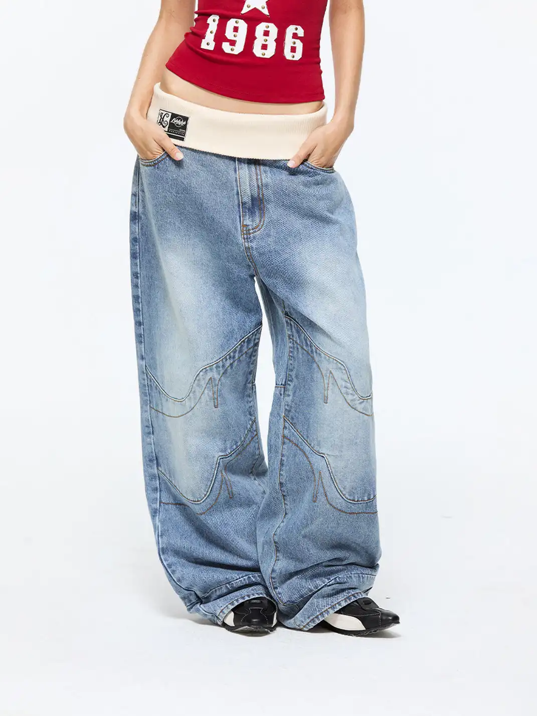 Latelylab | Ribbed Waistband Flip-Up Jeans