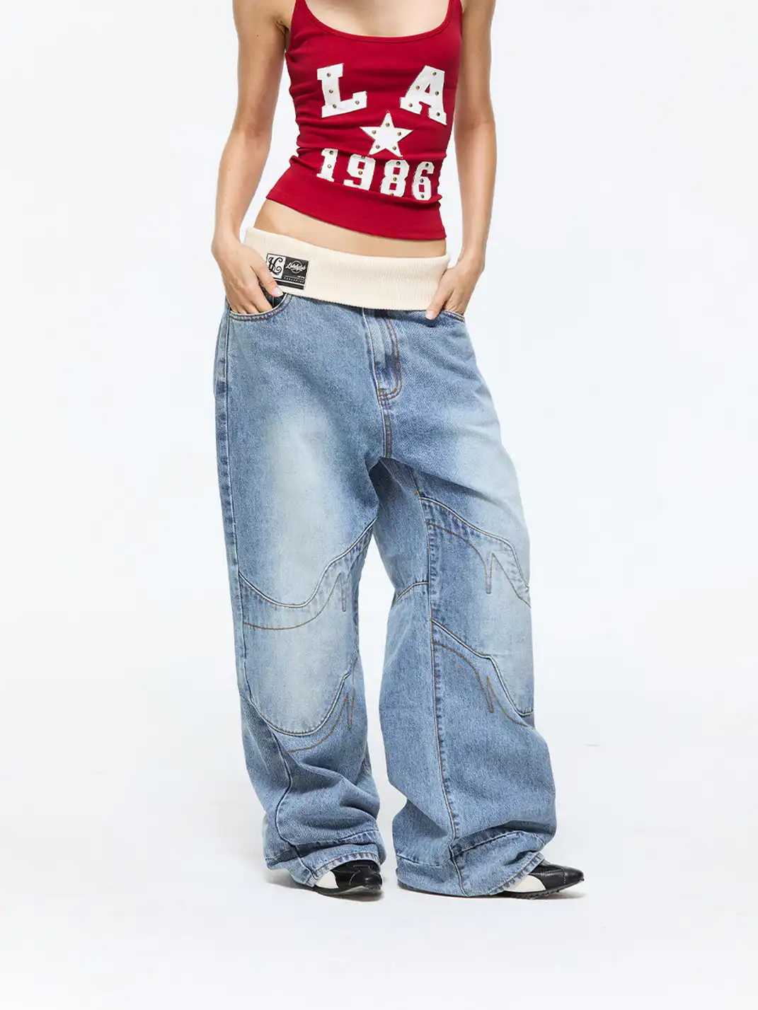 Latelylab | Ribbed Waistband Flip-Up Jeans