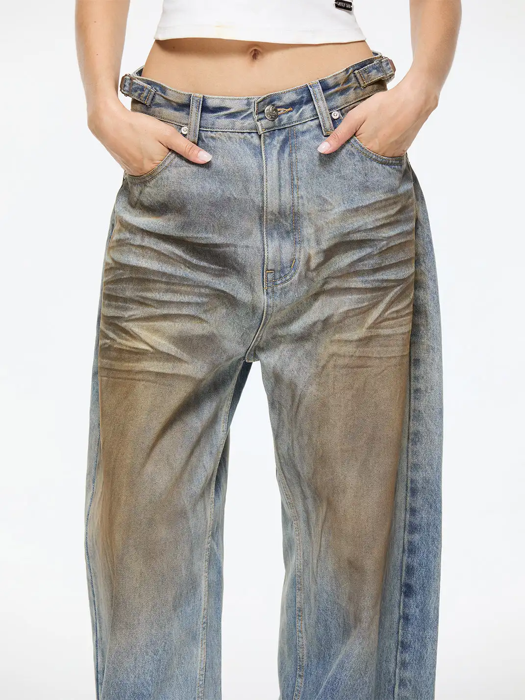 Latelylab | Mud-Dyed Distressed And Whiskered Denim Jeans