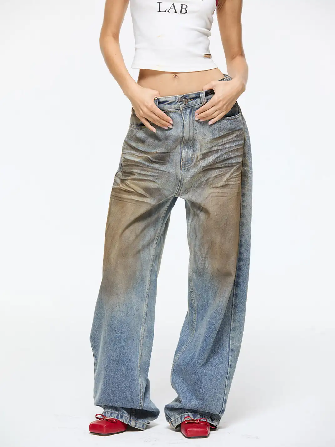 Latelylab | Mud-Dyed Distressed And Whiskered Denim Jeans