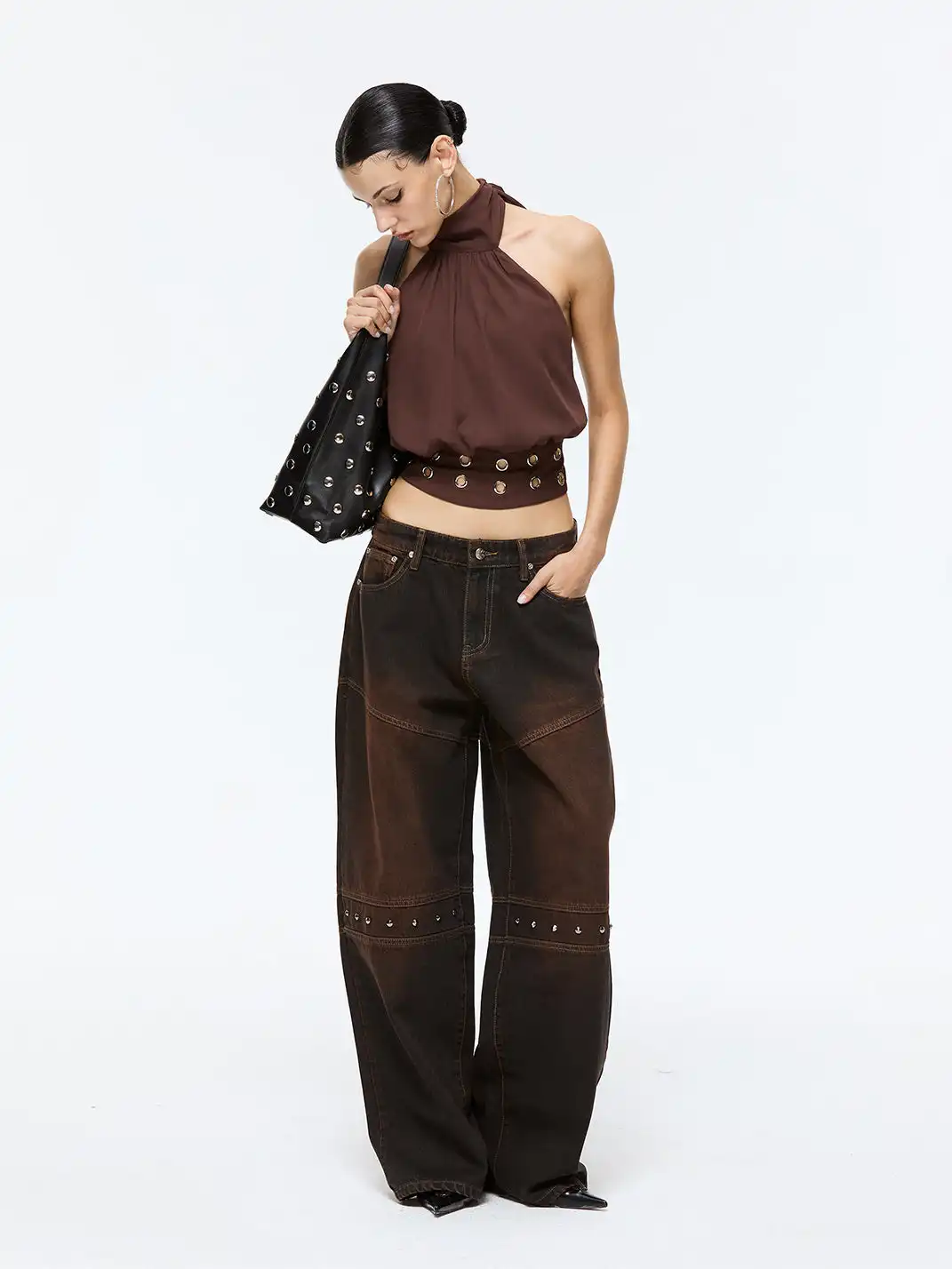 Latelylab | Distressed Wide-Leg Studded Jeans