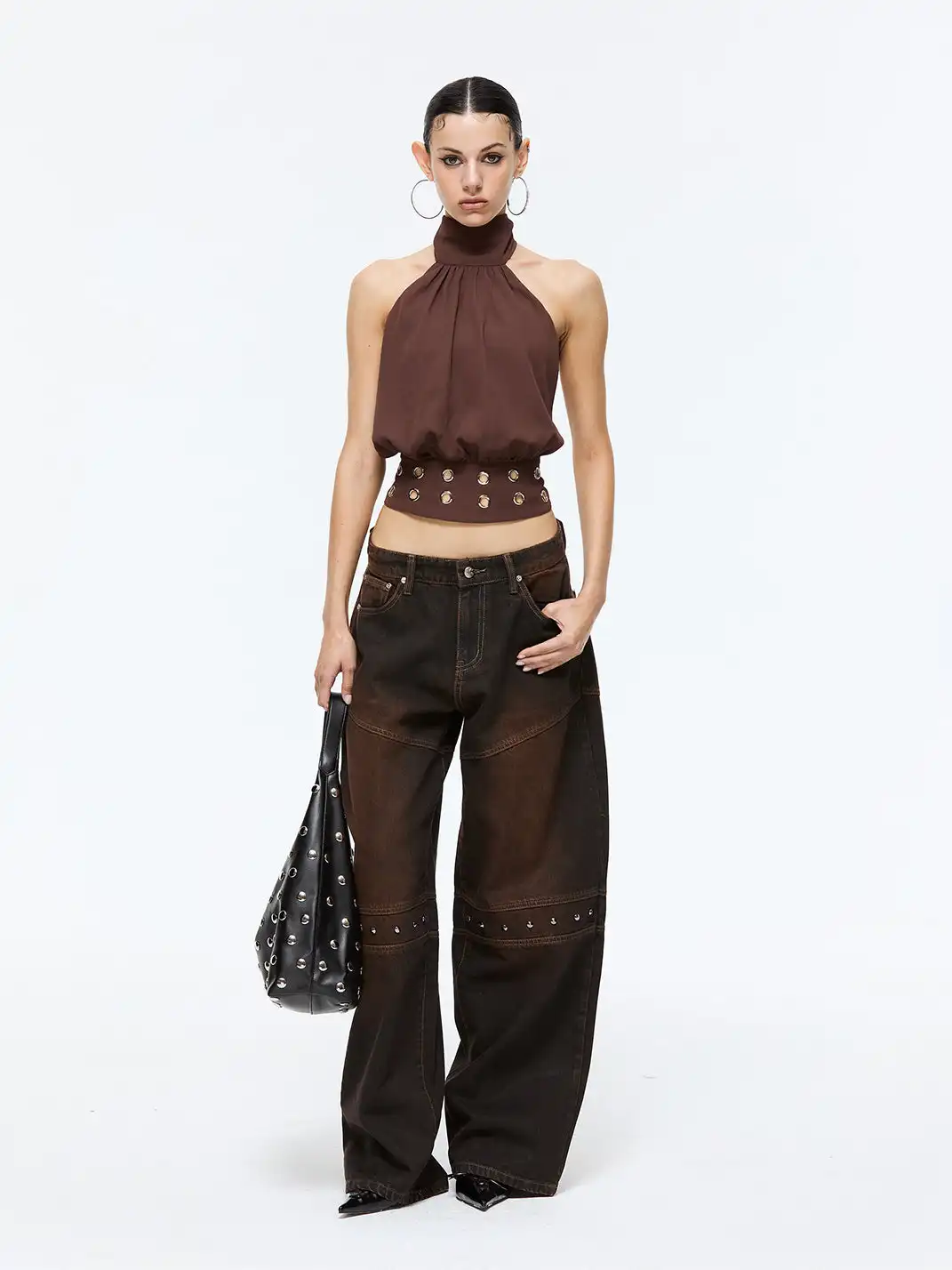 Latelylab | Distressed Wide-Leg Studded Jeans
