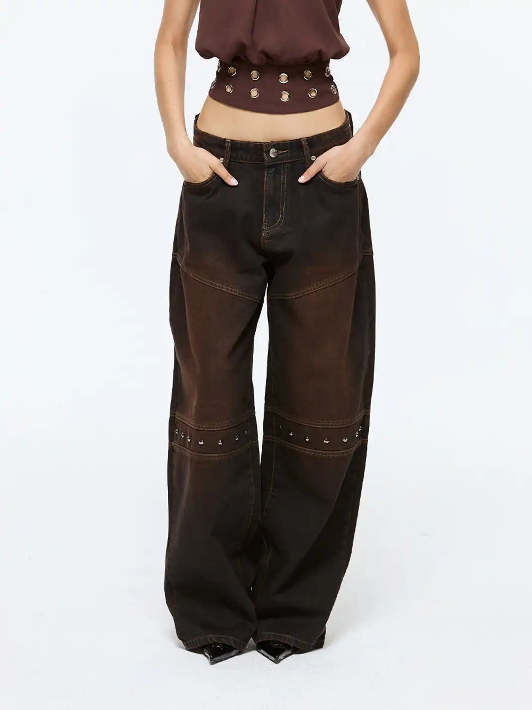 Latelylab | Distressed Wide-Leg Studded Jeans