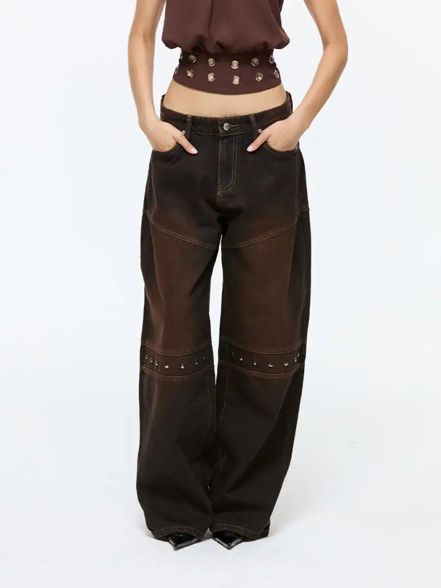 Latelylab | Distressed Wide-Leg Studded Jeans - 2