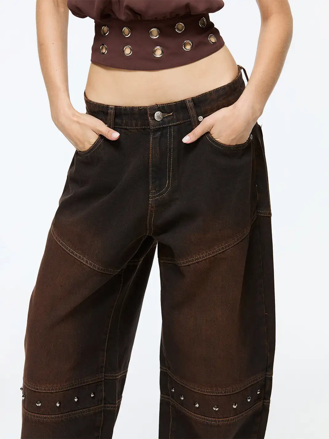 Latelylab | Distressed Wide-Leg Studded Jeans