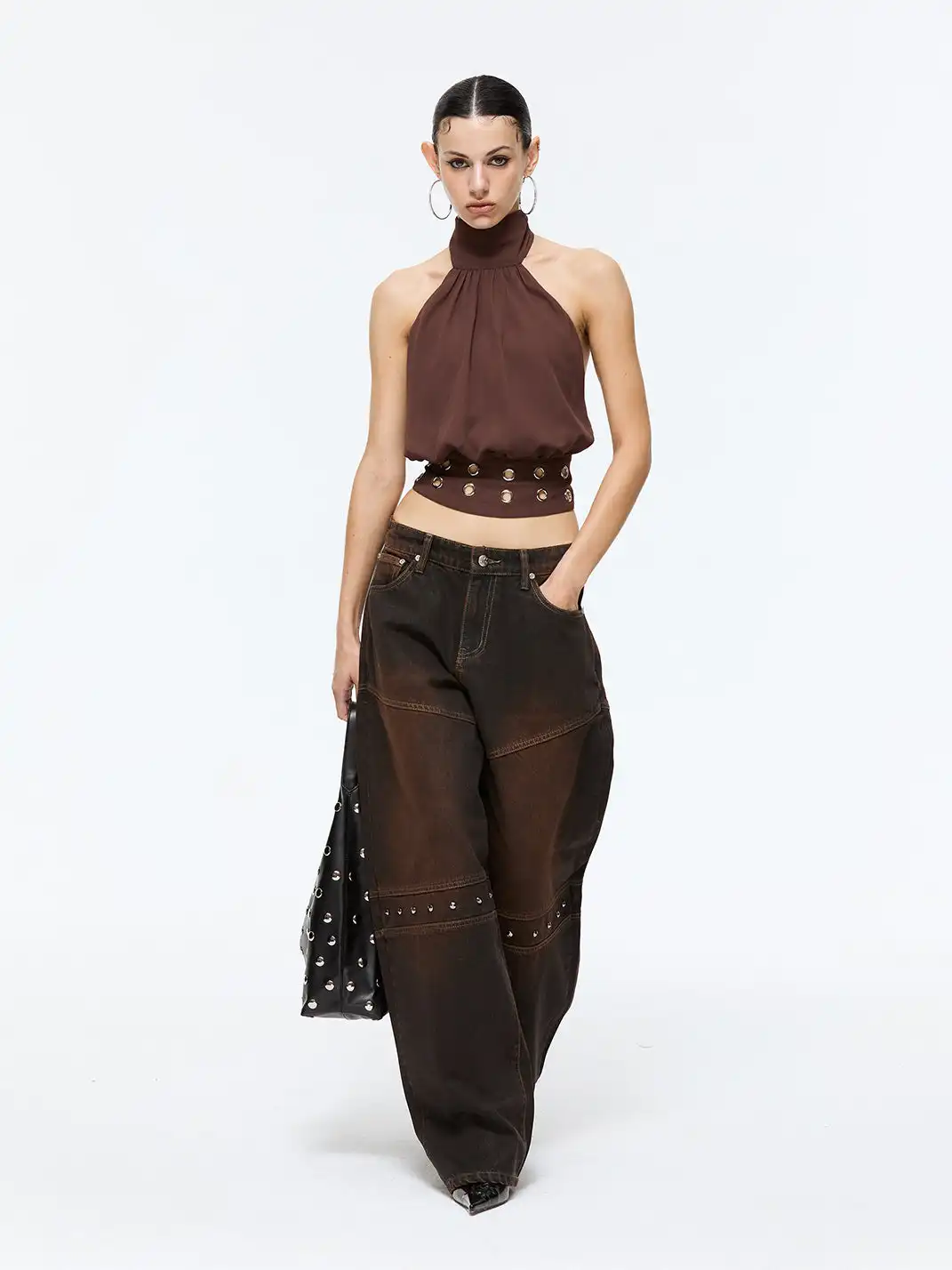 Latelylab | Distressed Wide-Leg Studded Jeans