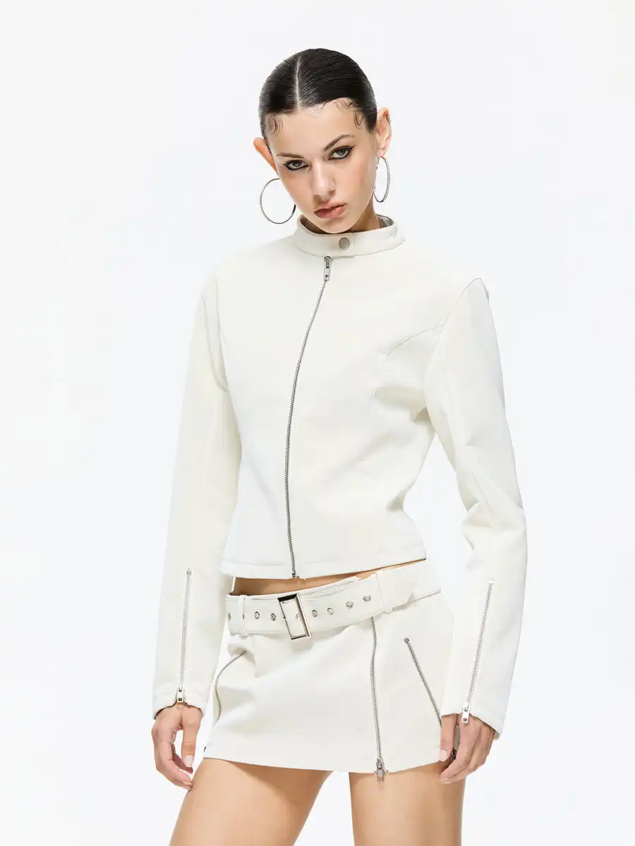 Latelylab | PU Leather Jacket And Skirt Set - 2