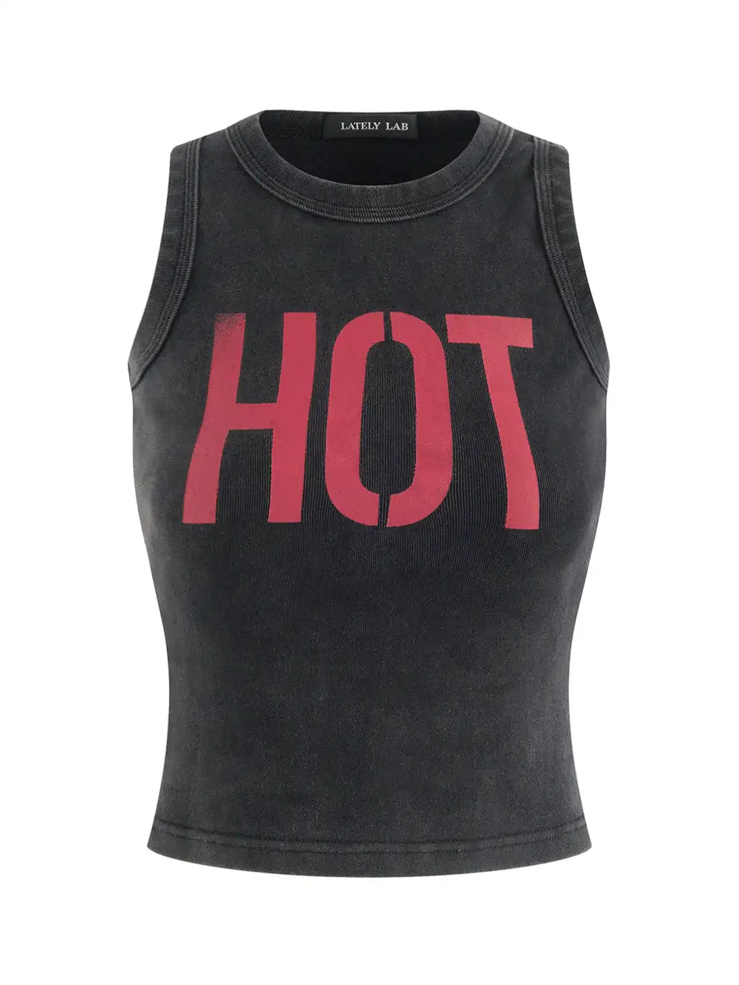 Latelylab | Distressed Waist-Cinching Letter Print Vest Top