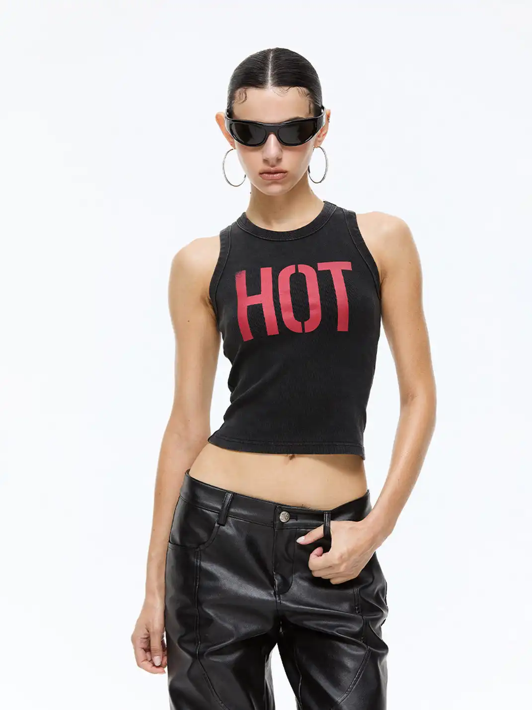 Latelylab | Distressed Waist-Cinching Letter Print Vest Top