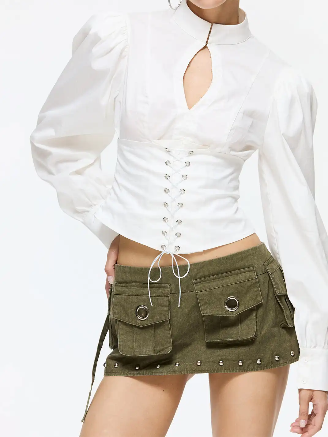 Latelylab | Low-Waisted Washed Studded Mini Skirt