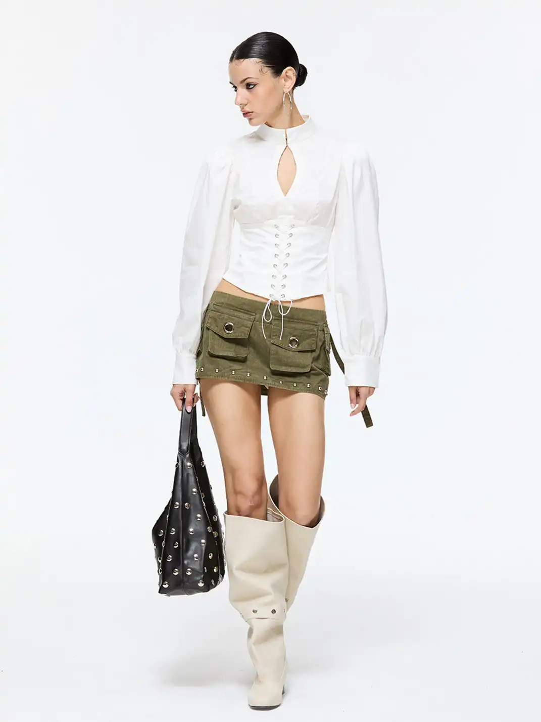 Latelylab | Low-Waisted Washed Studded Mini Skirt