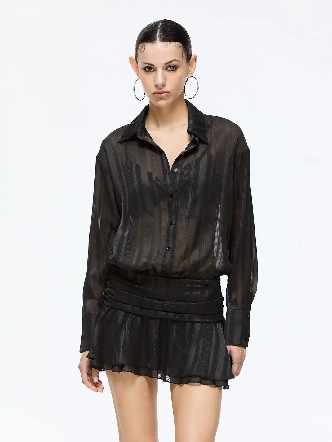 Latelylab | Black Sheer Long-Sleeved Shirt Dress