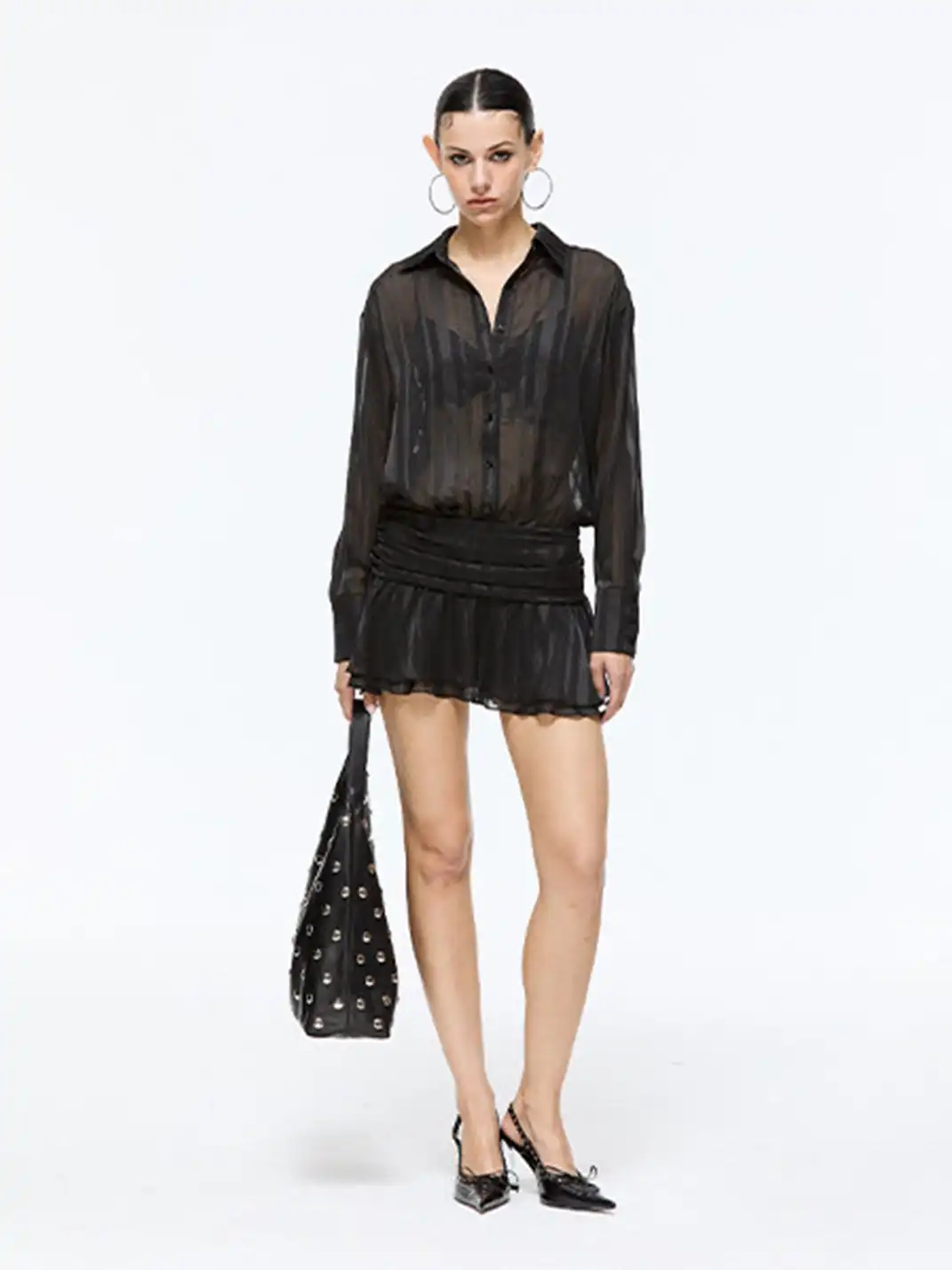 Latelylab | Black Sheer Long-Sleeved Shirt Dress