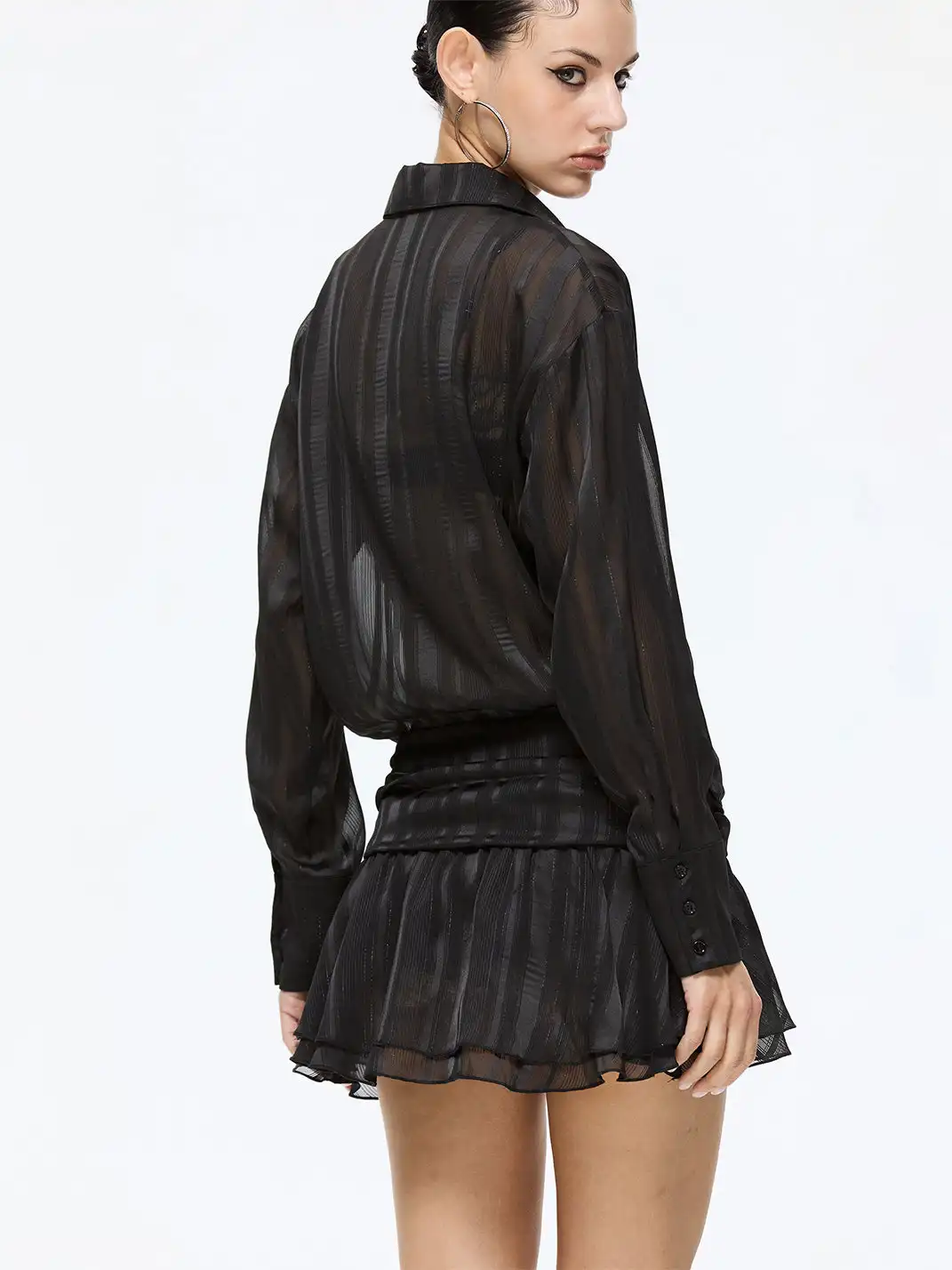 Latelylab | Black Sheer Long-Sleeved Shirt Dress