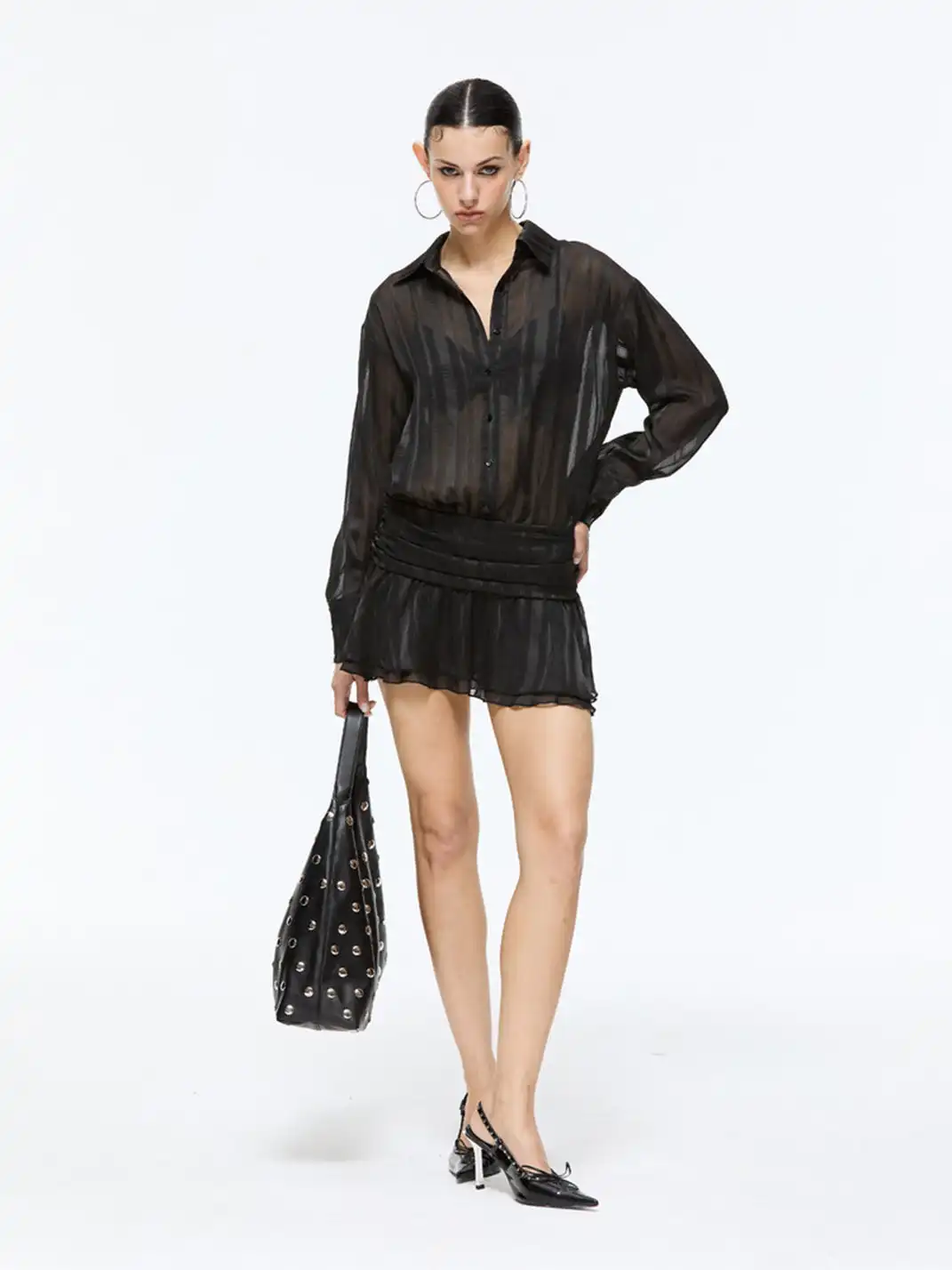 Latelylab | Black Sheer Long-Sleeved Shirt Dress