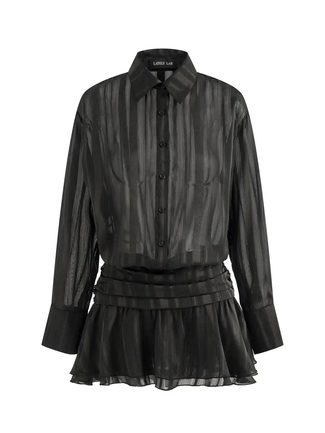 Latelylab | Black Sheer Long-Sleeved Shirt Dress