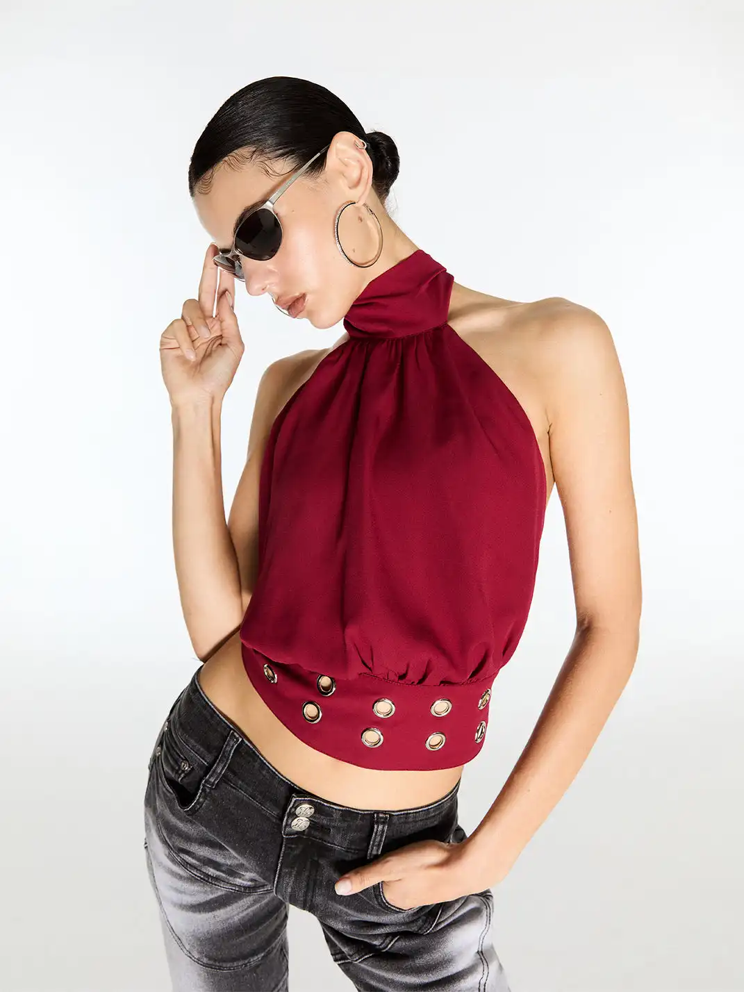 Latelylab | Halter Neck Off-Shoulder Tank Top-Red