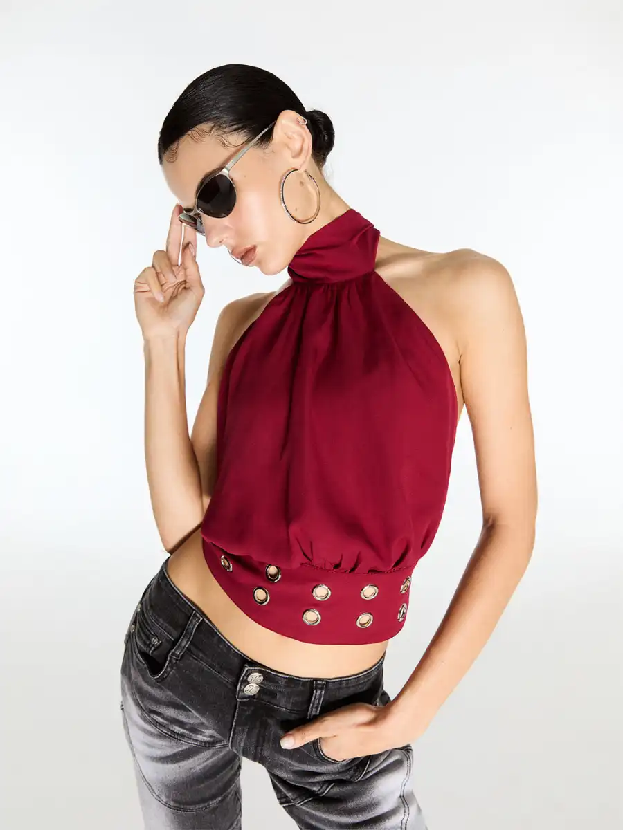 Latelylab | Halter Neck Off-Shoulder Tank Top-Red - 2