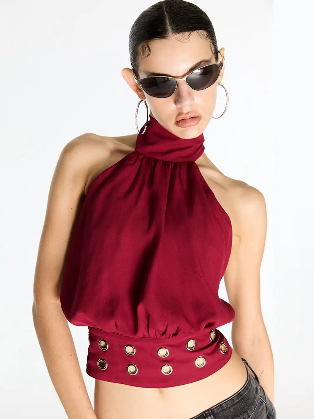 Latelylab | Halter Neck Off-Shoulder Tank Top-Red