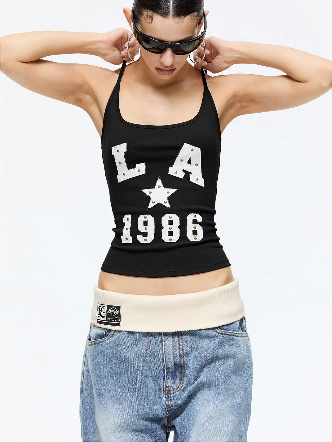 Latelylab | Appliqué Embroidered Knitted Camisole-Black