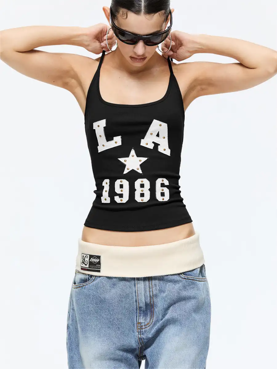 Latelylab | Appliqué Embroidered Knitted Camisole-Black - 2