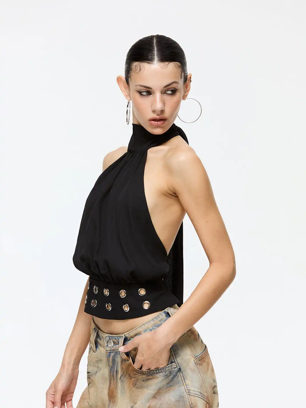 Latelylab | Halter Neck Off-Shoulder Tank Top-Black