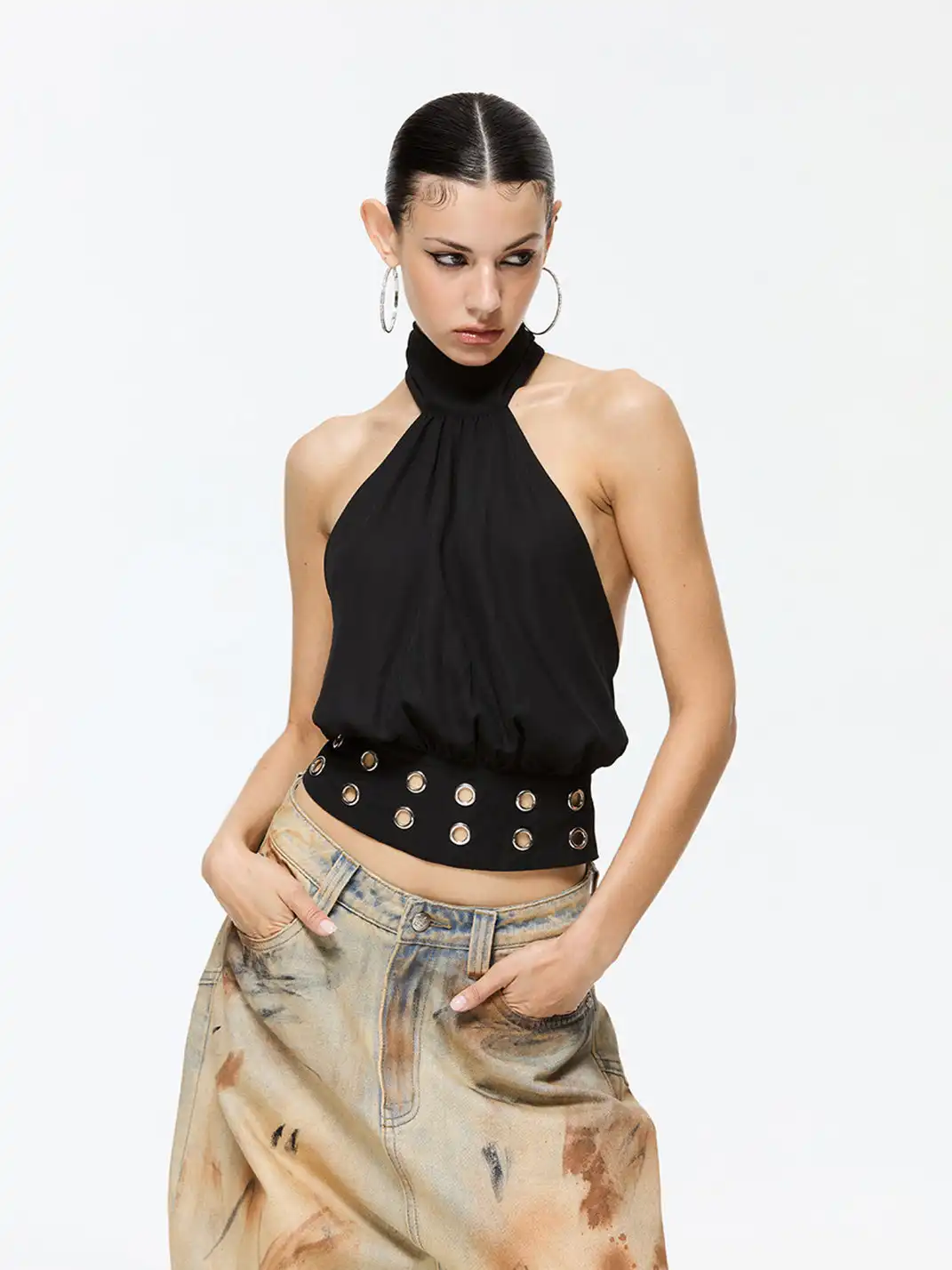 Latelylab | Halter Neck Off-Shoulder Tank Top-Black