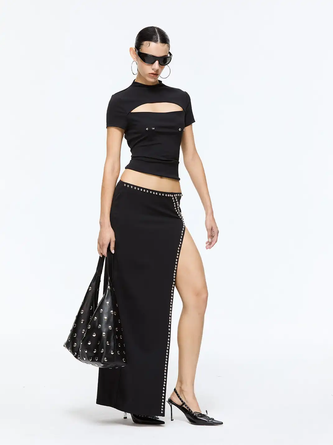 Latelylab | Low-Waisted Slit Studded Midi Skirt