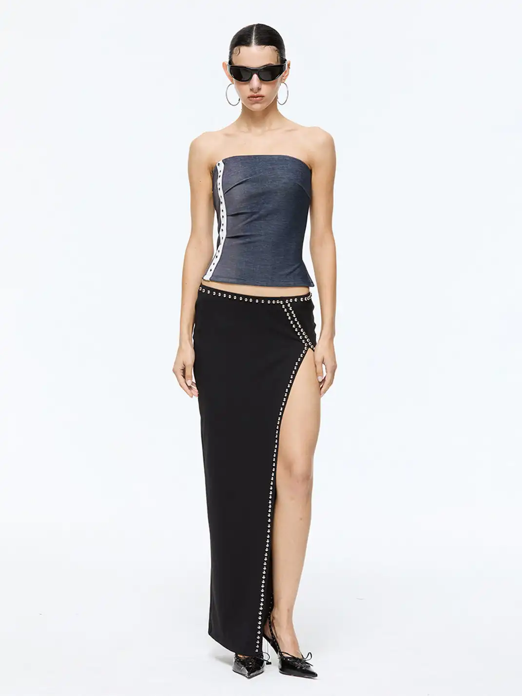 Latelylab | Low-Waisted Slit Studded Midi Skirt