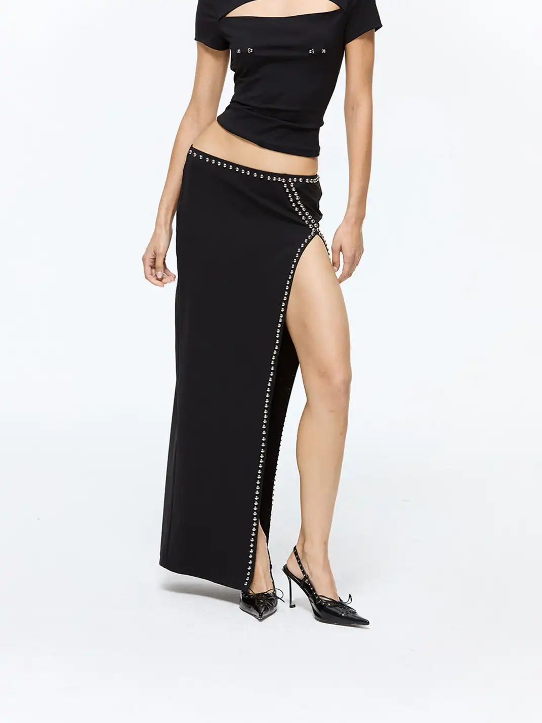 Latelylab | Low-Waisted Slit Studded Midi Skirt