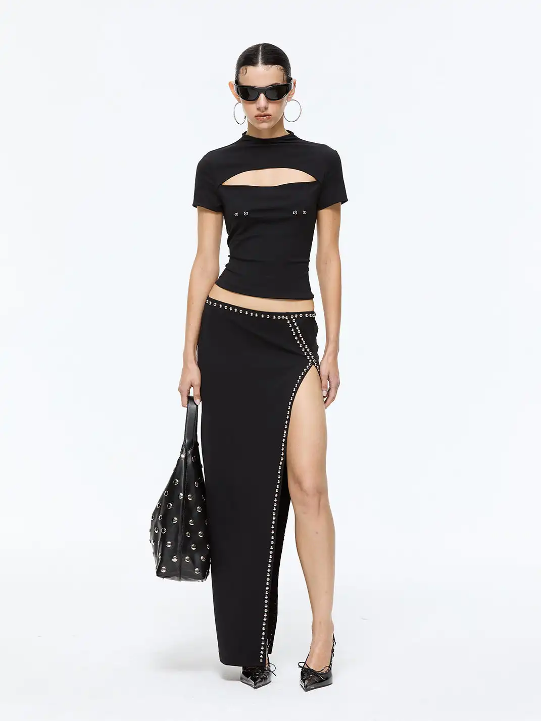 Latelylab | Low-Waisted Slit Studded Midi Skirt