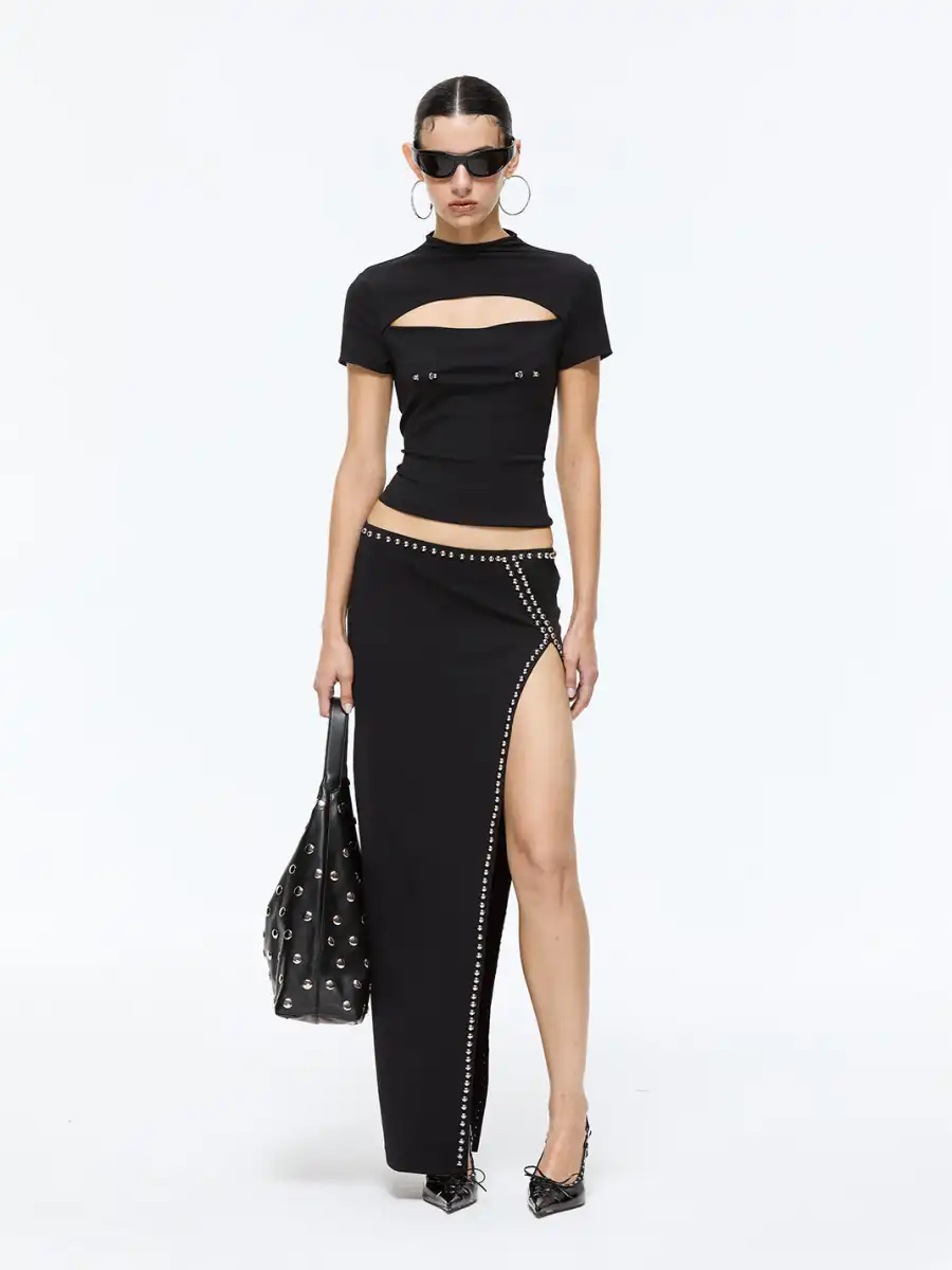 Latelylab | Low-Waisted Slit Studded Midi Skirt - 4