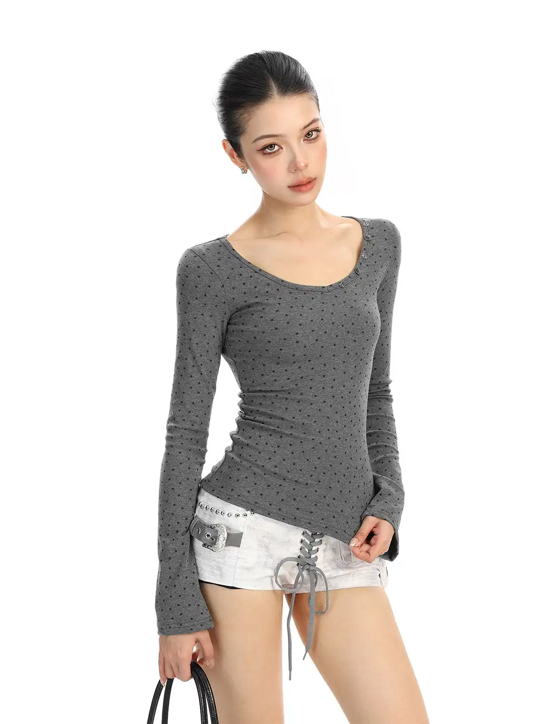 BIGGOLD | All-Over Star Print V-Neck Long-Sleeved T-Shirt