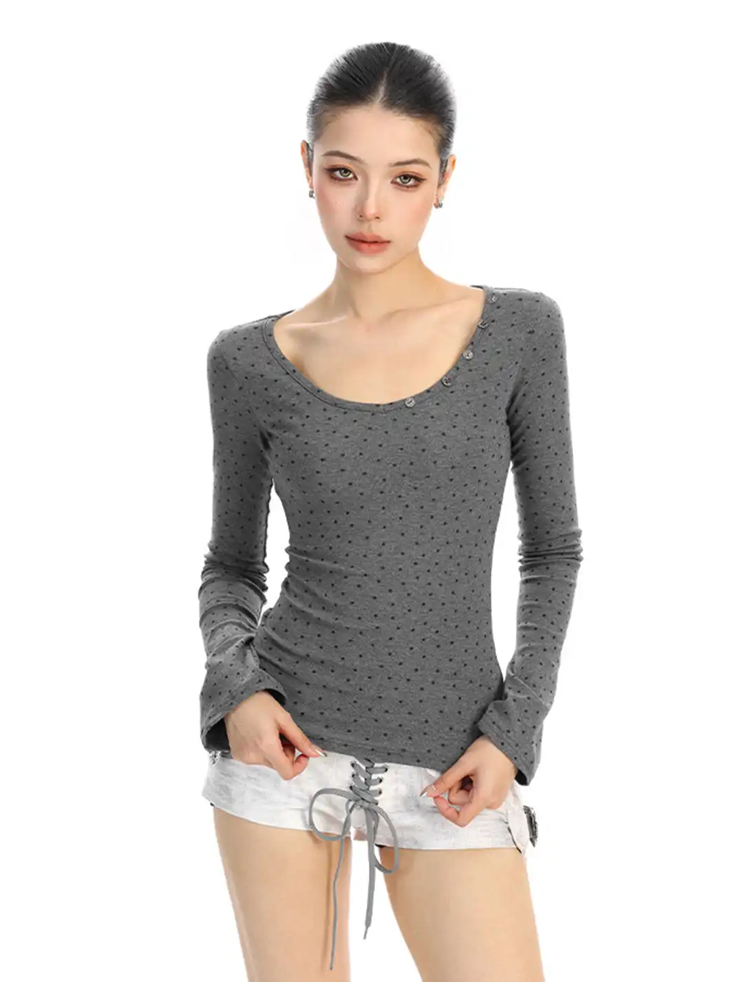 BIGGOLD | All-Over Star Print V-Neck Long-Sleeved T-Shirt