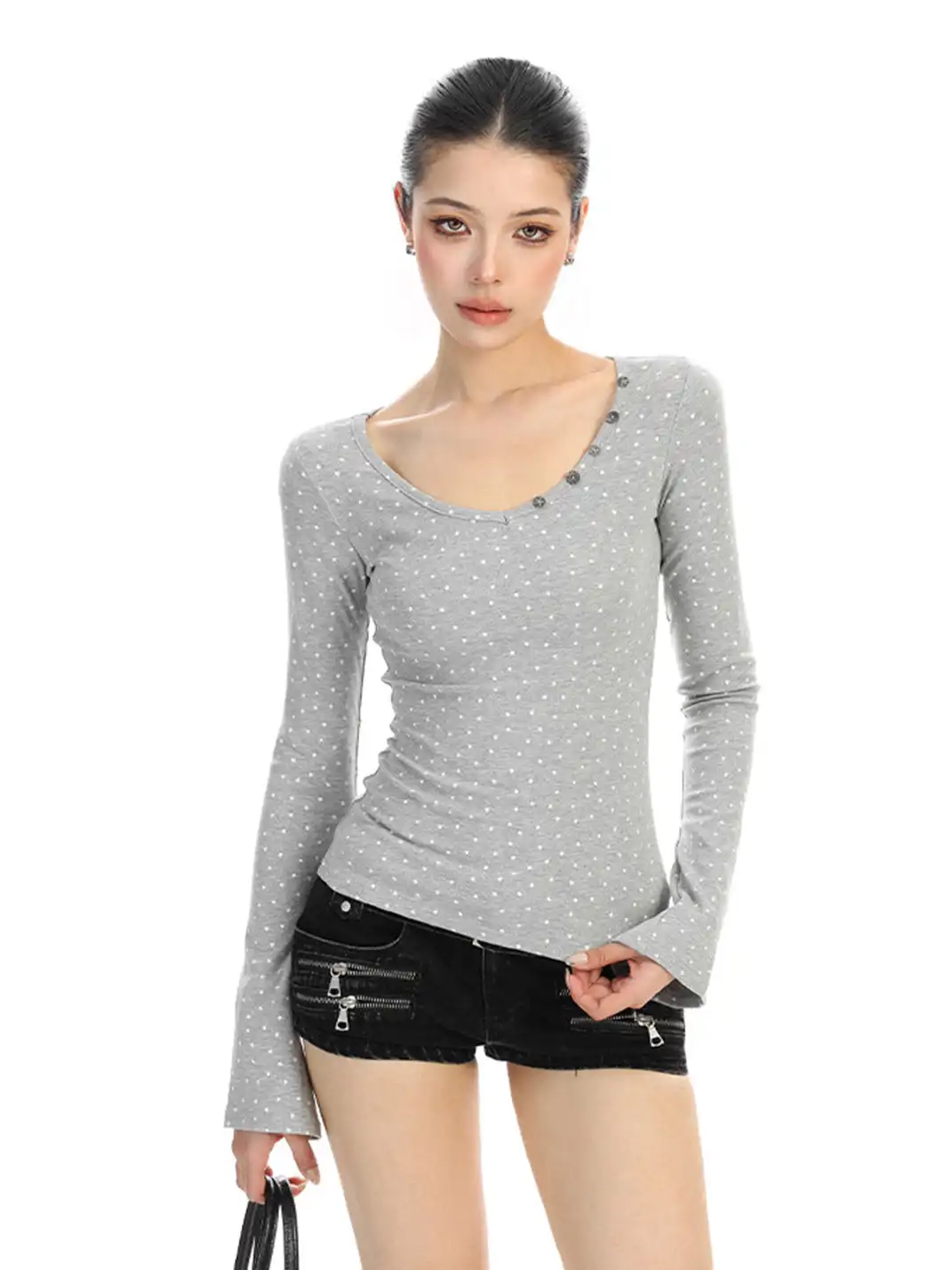 BIGGOLD | All-Over Star Print V-Neck Long-Sleeved T-Shirt