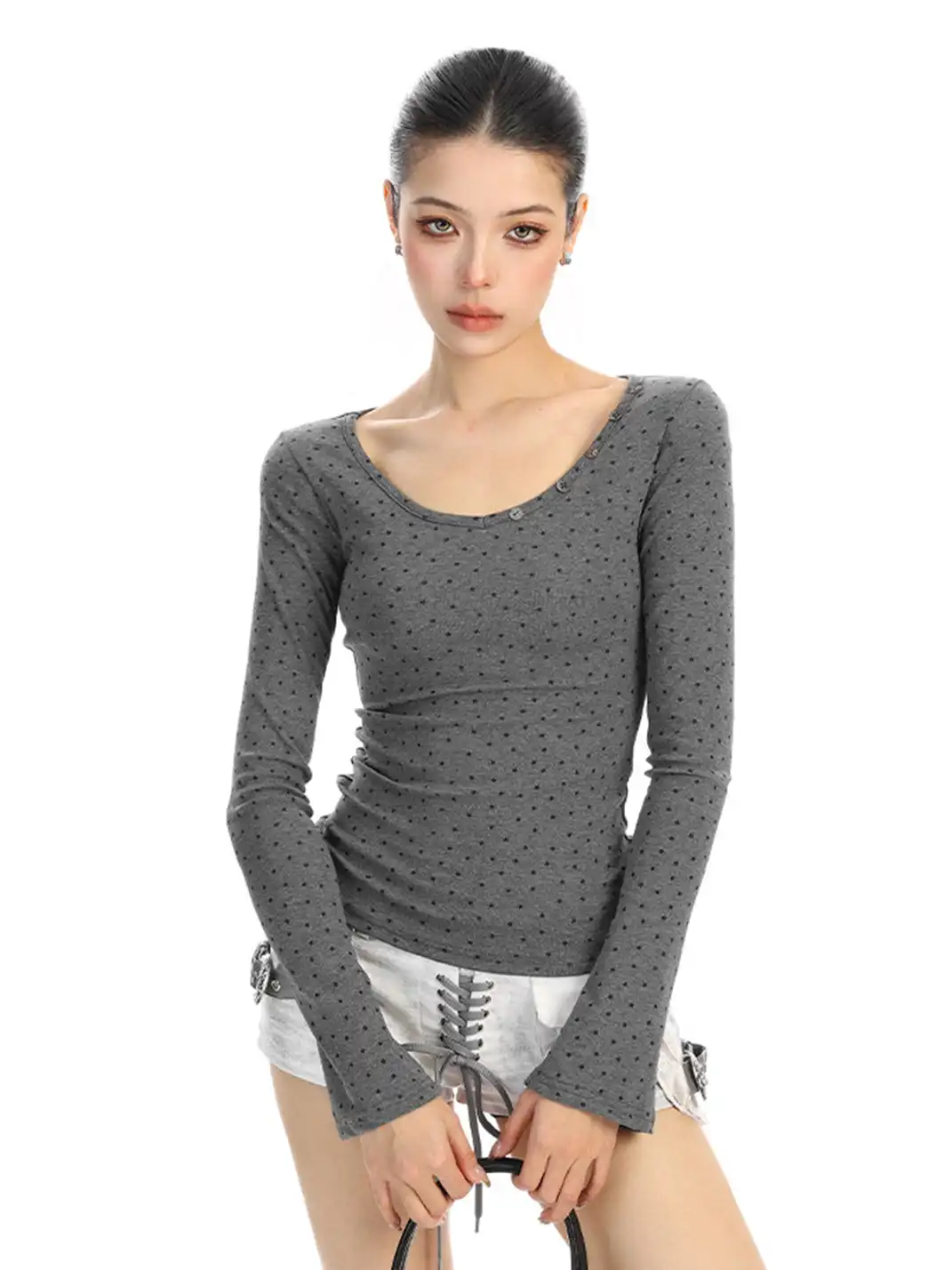 BIGGOLD | All-Over Star Print V-Neck Long-Sleeved T-Shirt