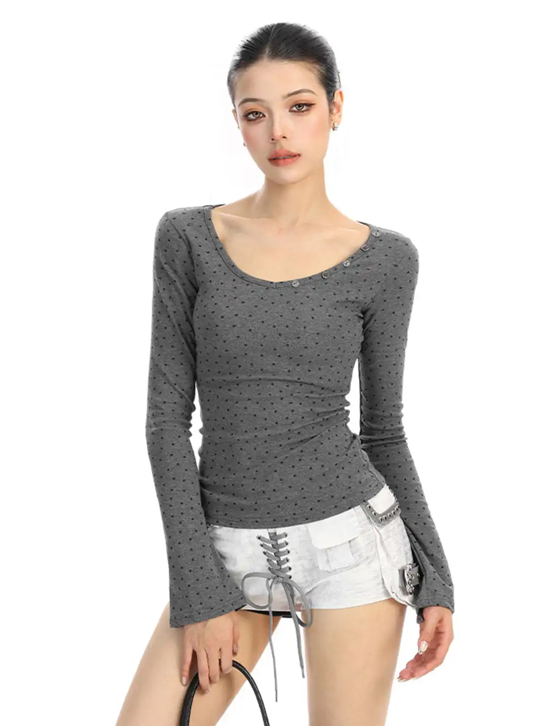 BIGGOLD | All-Over Star Print V-Neck Long-Sleeved T-Shirt