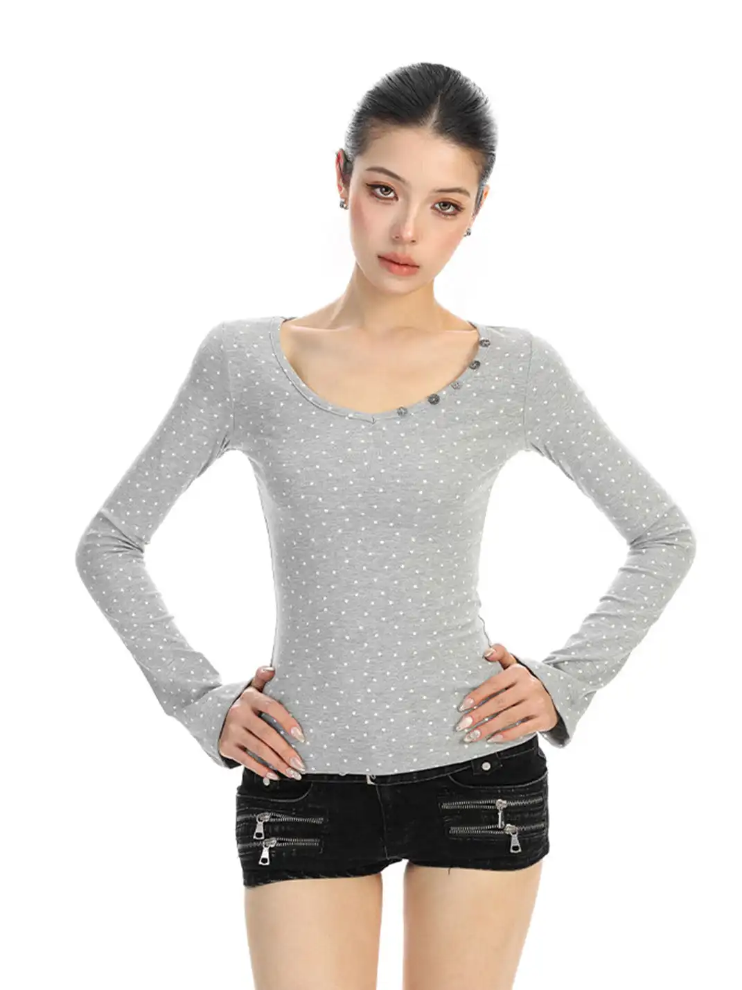 BIGGOLD | All-Over Star Print V-Neck Long-Sleeved T-Shirt