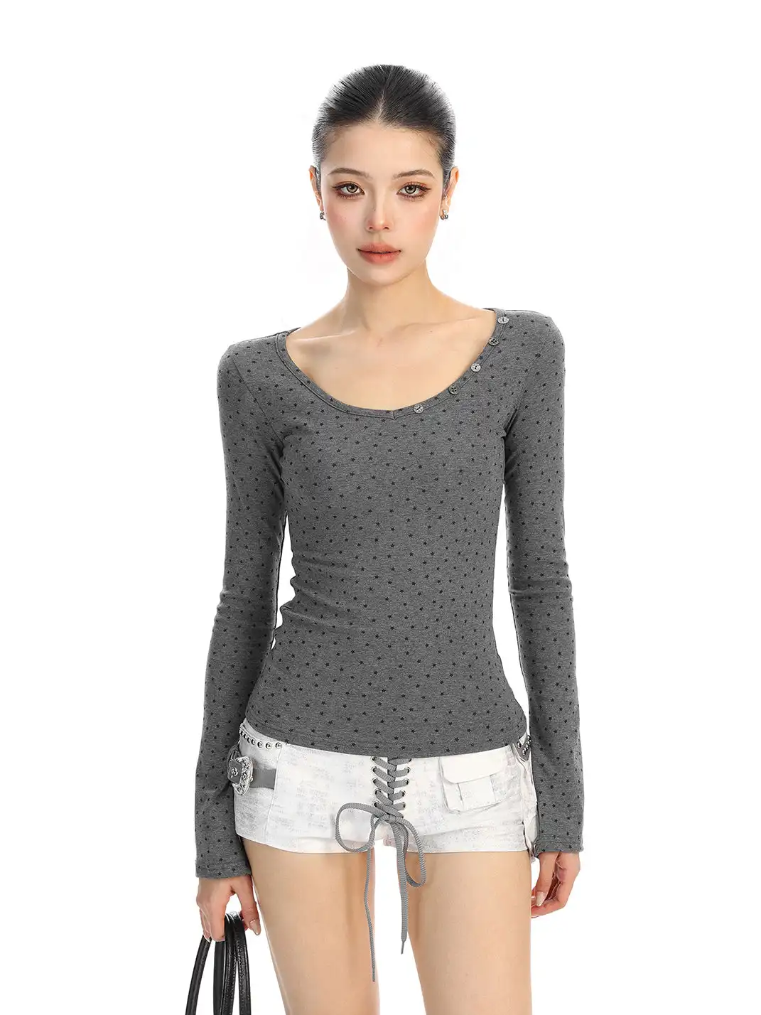 BIGGOLD | All-Over Star Print V-Neck Long-Sleeved T-Shirt