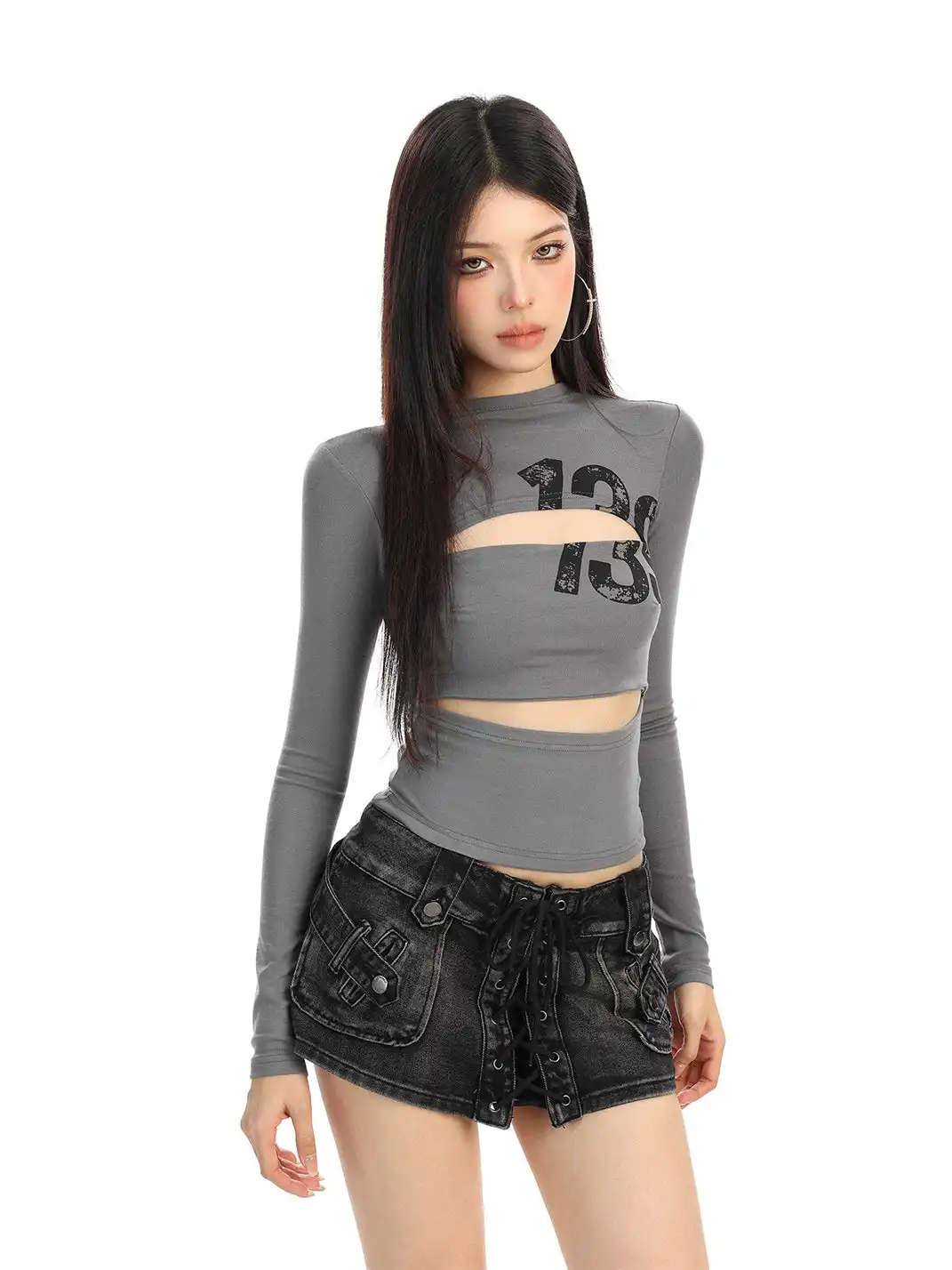 BIGGOLD | Hollow-Out Letter Print Long-Sleeved T-Shirt