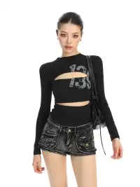 BIGGOLD | Hollow-Out Letter Print Long-Sleeved T-Shirt