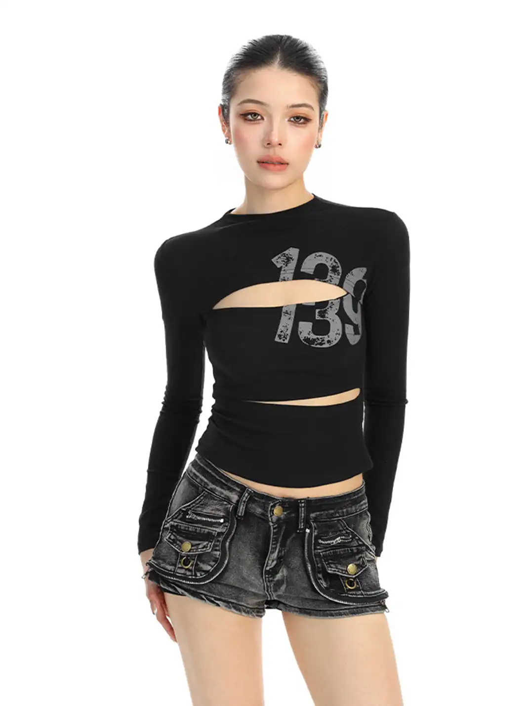 BIGGOLD | Hollow-Out Letter Print Long-Sleeved T-Shirt
