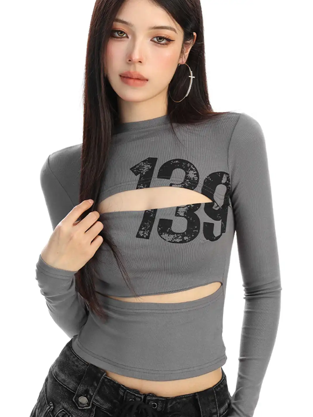 BIGGOLD | Hollow-Out Letter Print Long-Sleeved T-Shirt