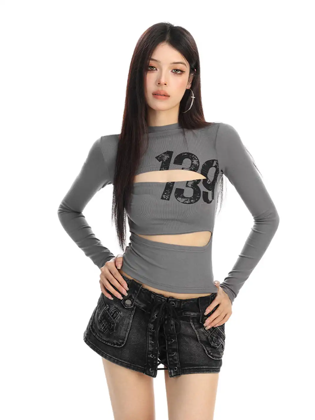 BIGGOLD | Hollow-Out Letter Print Long-Sleeved T-Shirt