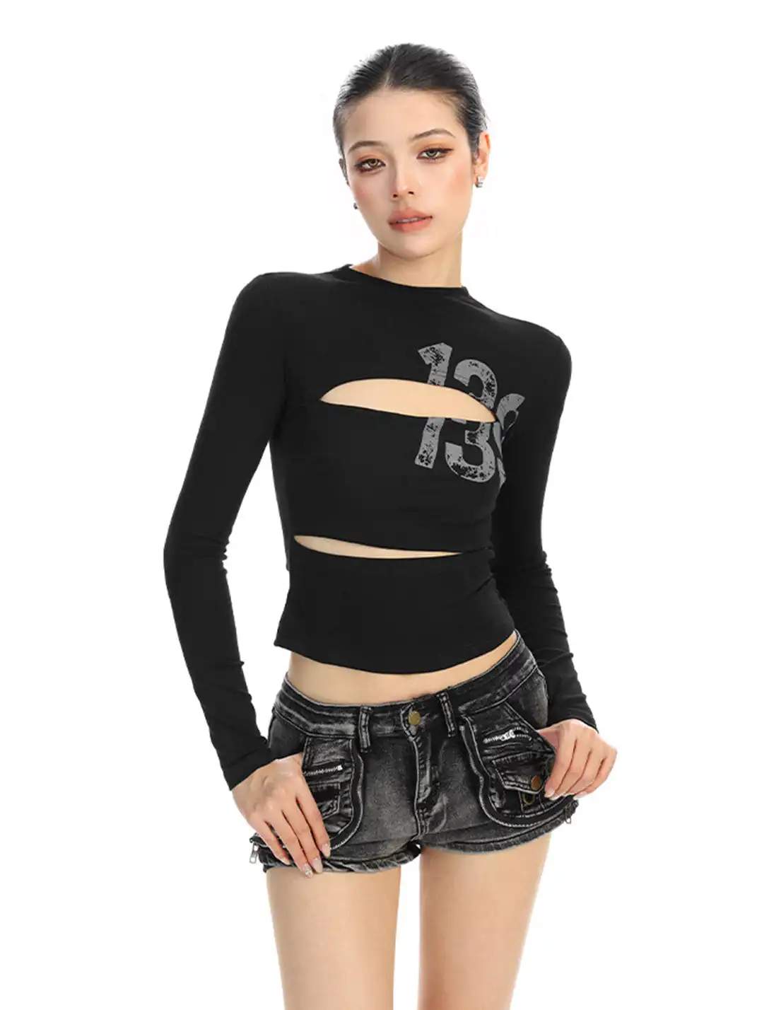 BIGGOLD | Hollow-Out Letter Print Long-Sleeved T-Shirt