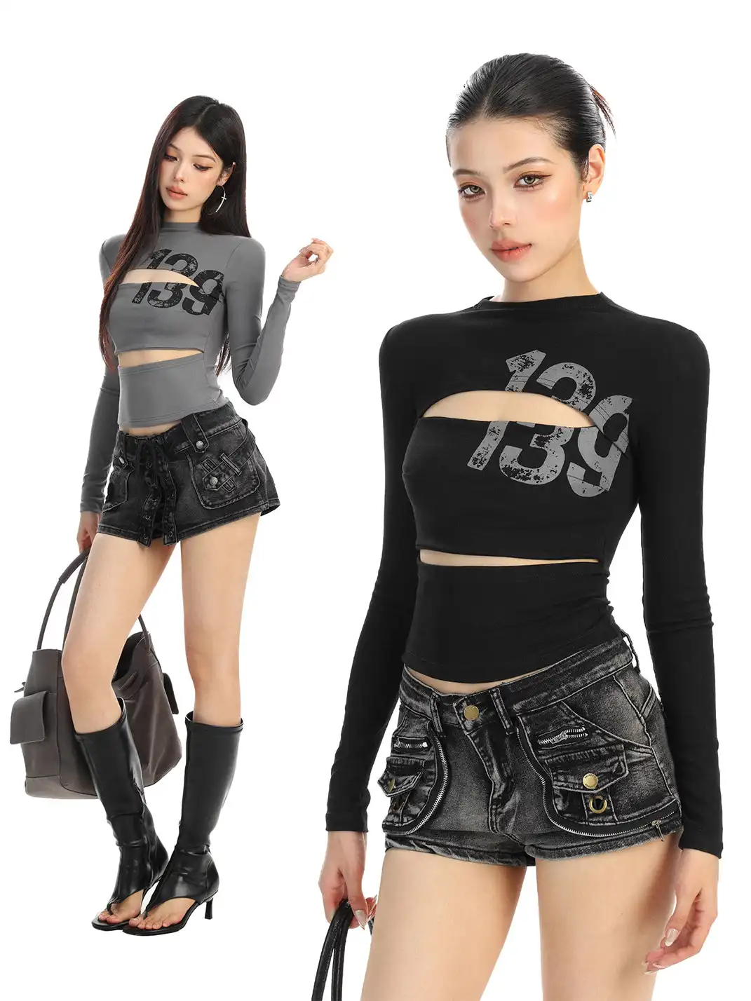 BIGGOLD | Hollow-Out Letter Print Long-Sleeved T-Shirt