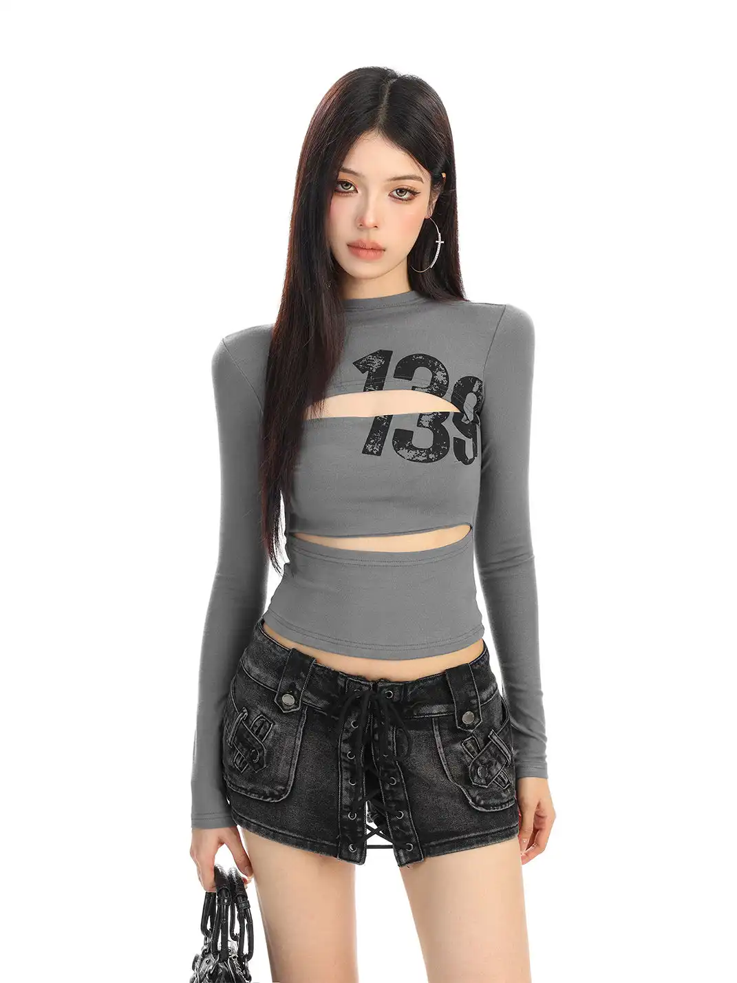 BIGGOLD | Hollow-Out Letter Print Long-Sleeved T-Shirt